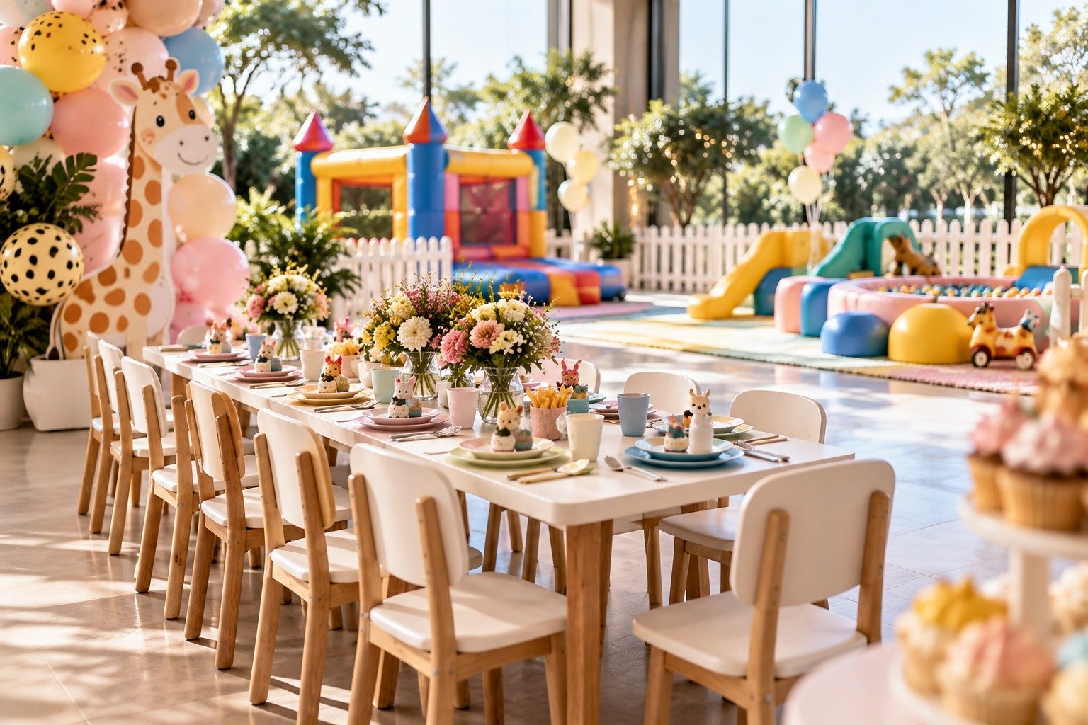 Styled kids party setup with bounce castle